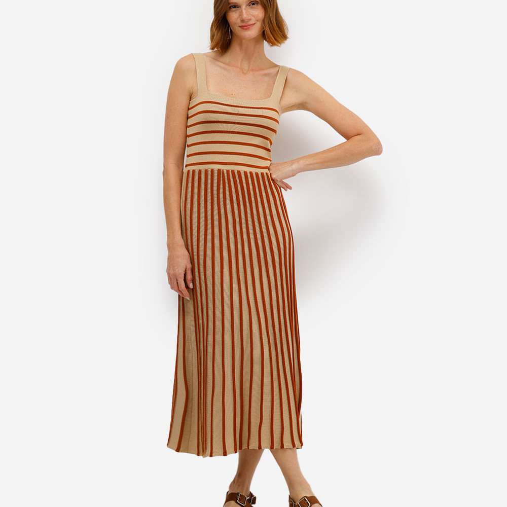 Vestido midi feminino de tricot listrado - bege Vestido midi feminino de tricot listrado - bege