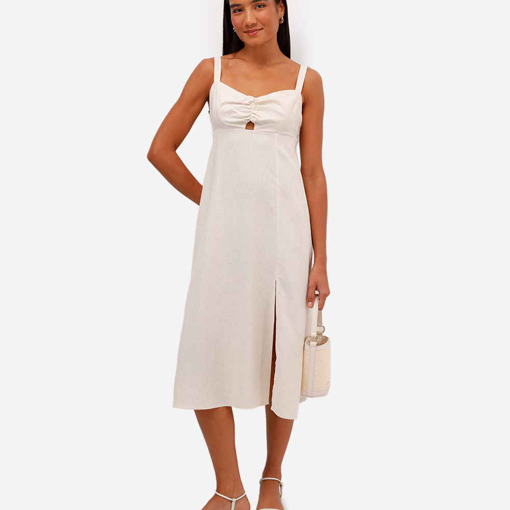 Vestido midi feminino com linho e recorte bege Vestido midi feminino com linho e recorte bege