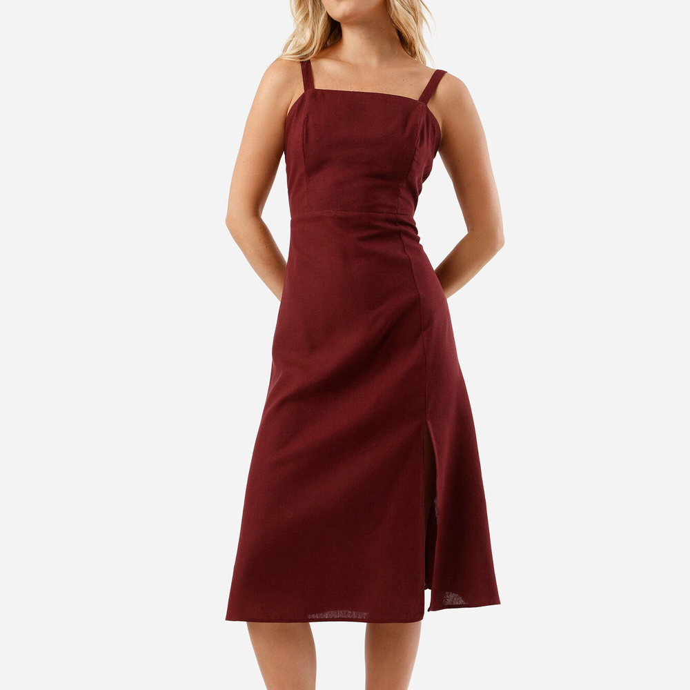Vestido midi feminino com linho e fenda vinho Vestido midi feminino com linho e fenda vinho