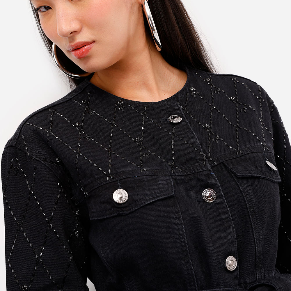 Parka feminina jeans com brilhos preta Parka feminina jeans com brilhos preta