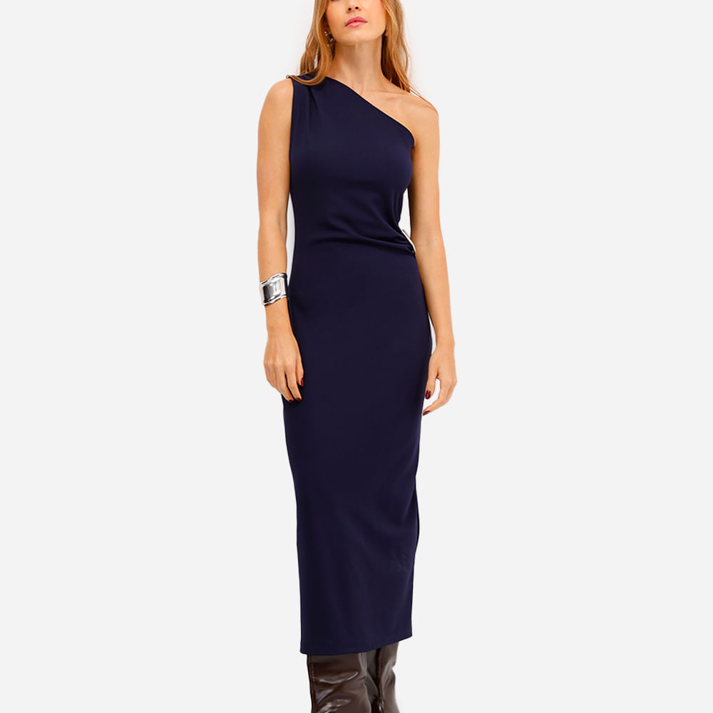 Vestido midi ombro único feminino com franzido azul Vestido midi ombro único feminino com franzido azul