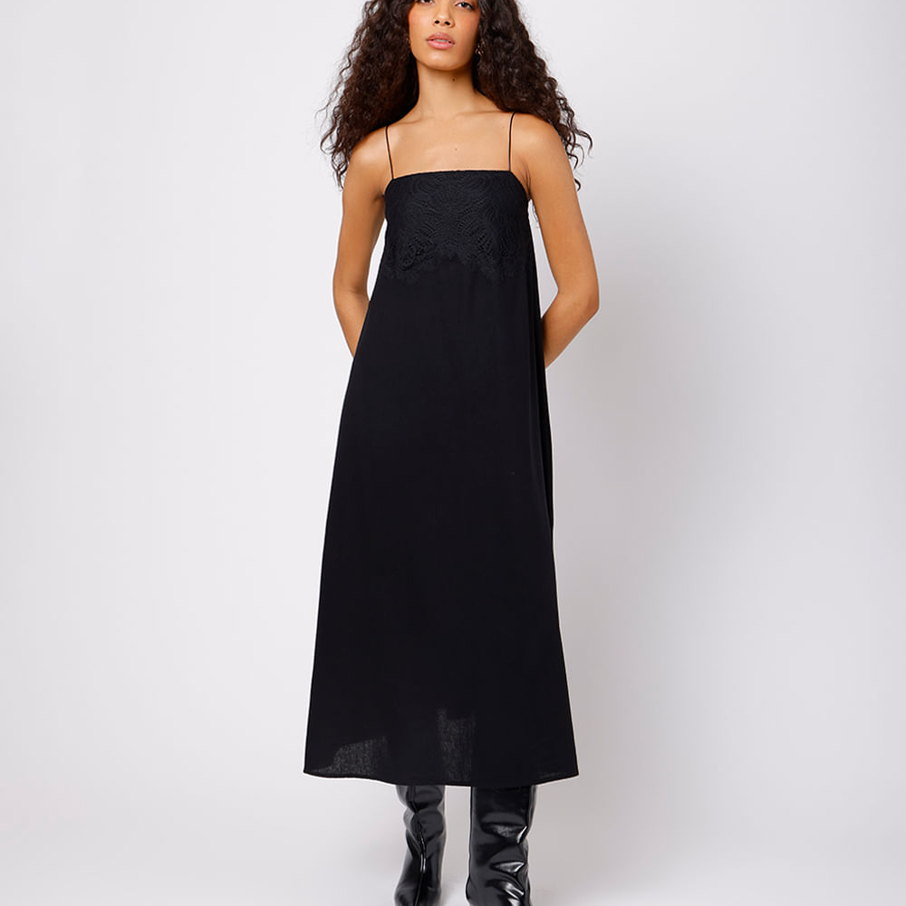 Vestido midi slip dress com linho e renda mindset preto Vestido midi slip dress com linho e renda mindset preto