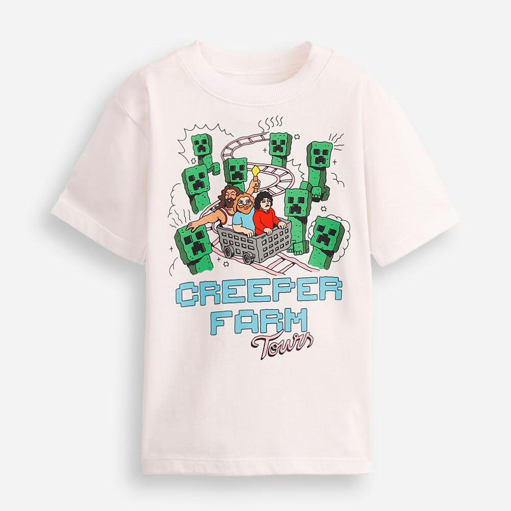 Camiseta de algodão infantil creeper farm tours minecraft off white Camiseta de algodão infantil creeper farm tours minecraft off white