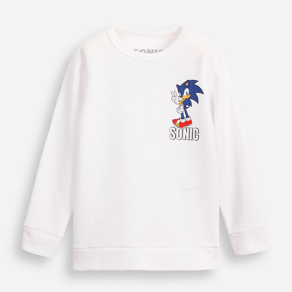 Blusa de algodão texturizada infantil manga longa sonic branca Blusa de algodão texturizada infantil manga longa sonic branca