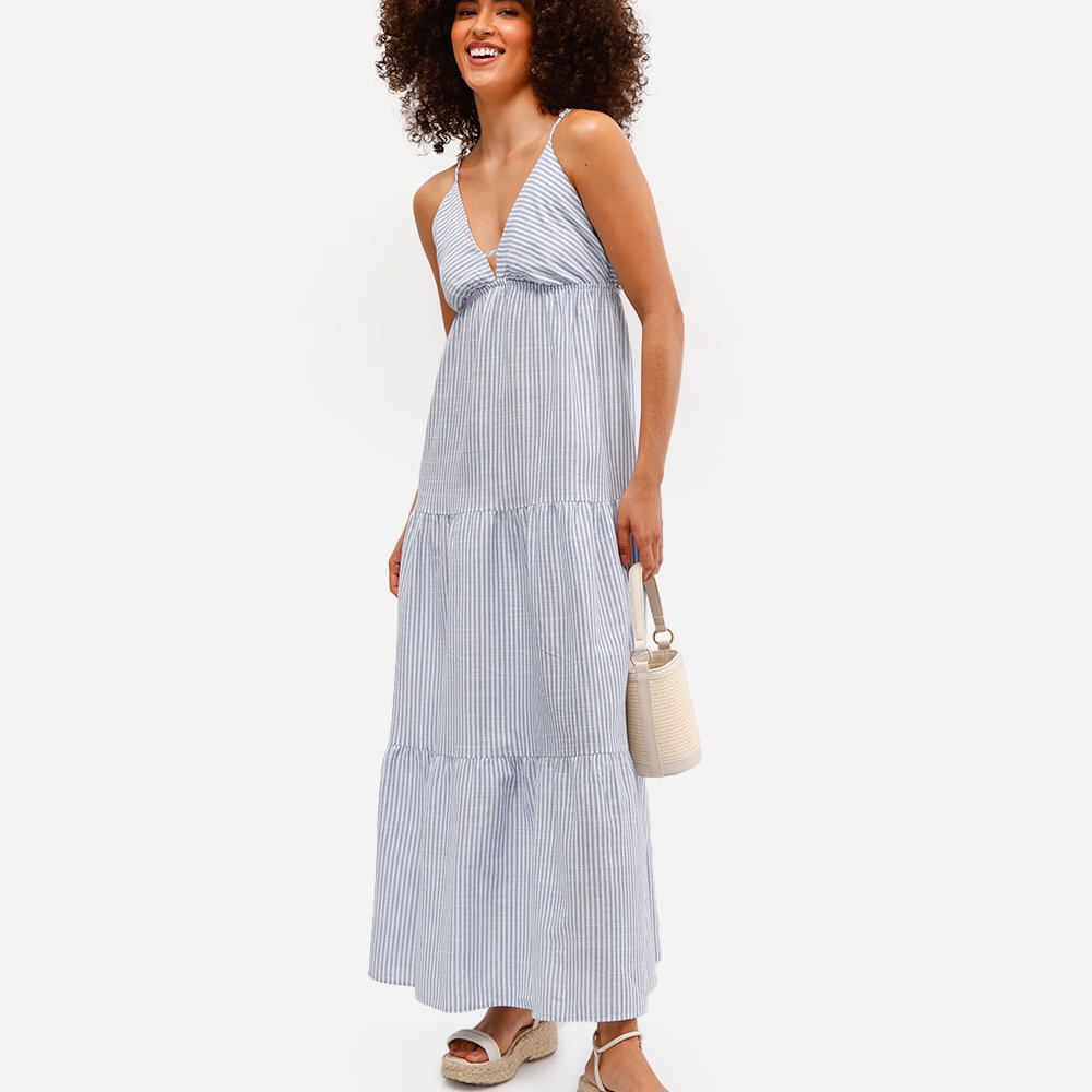 Vestido longo feminino de viscose com recortes listrado azul