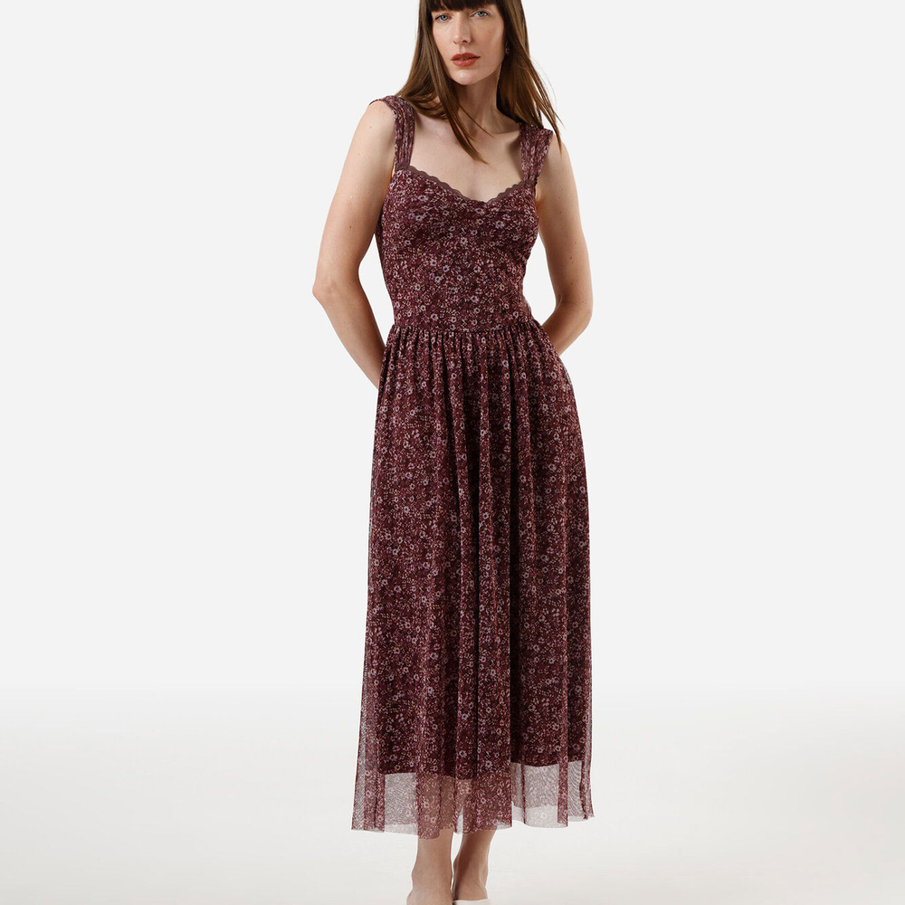 Vestido midi feminino de tule floral marrom Vestido midi feminino de tule floral marrom