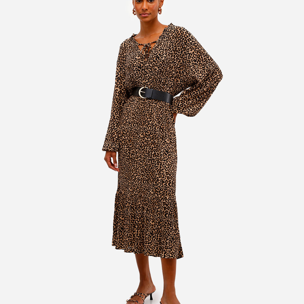 Vestido midi feminino plissado animal print com cinto bege Vestido midi feminino plissado animal print com cinto bege