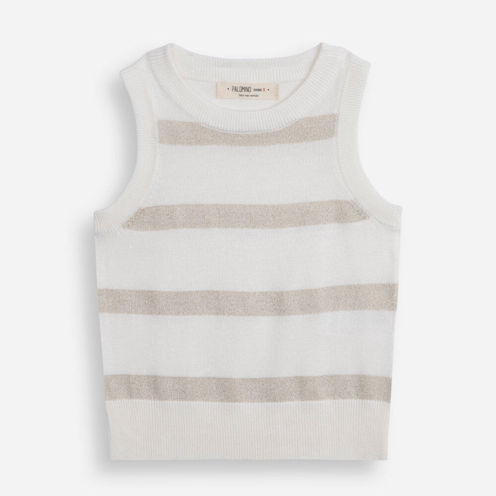 Regata infantil de tricot com lurex listrada off white Regata infantil de tricot com lurex listrada off white