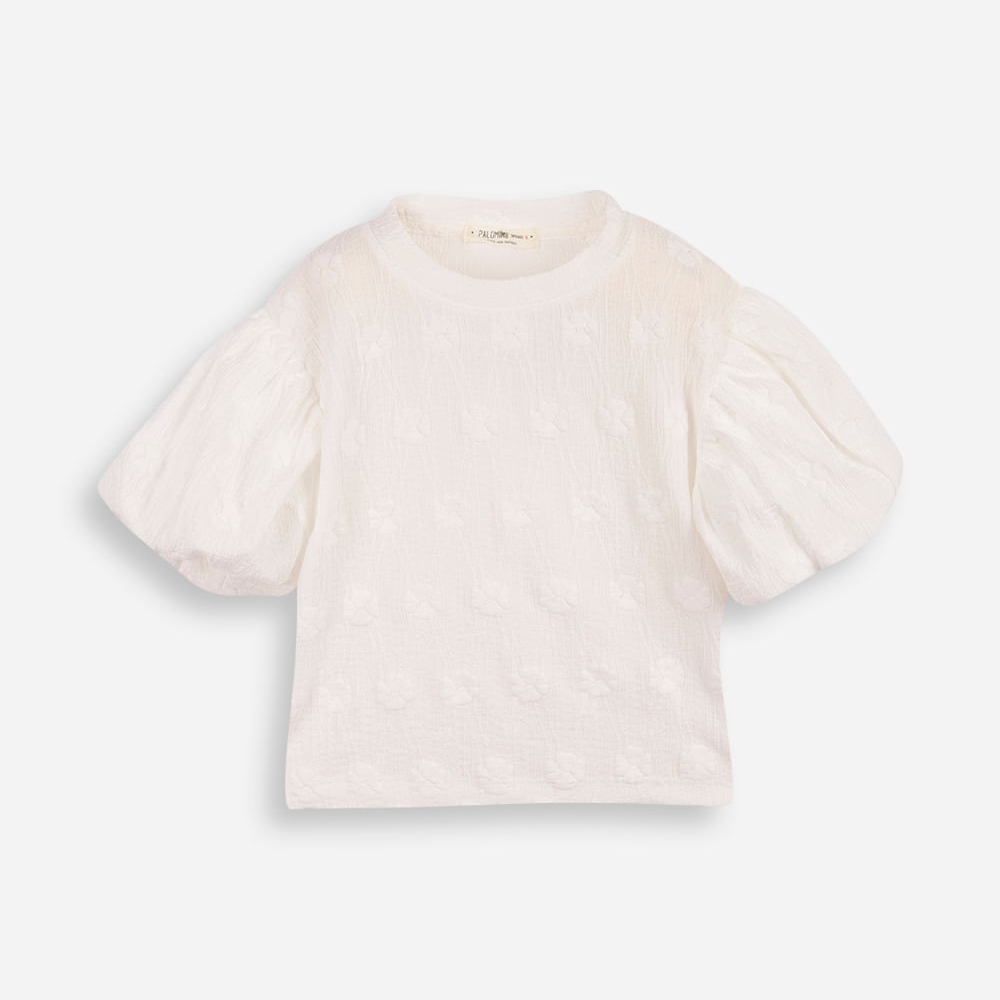 Blusa infantil manga bufante texturizada floral off white Blusa infantil manga bufante texturizada floral off white