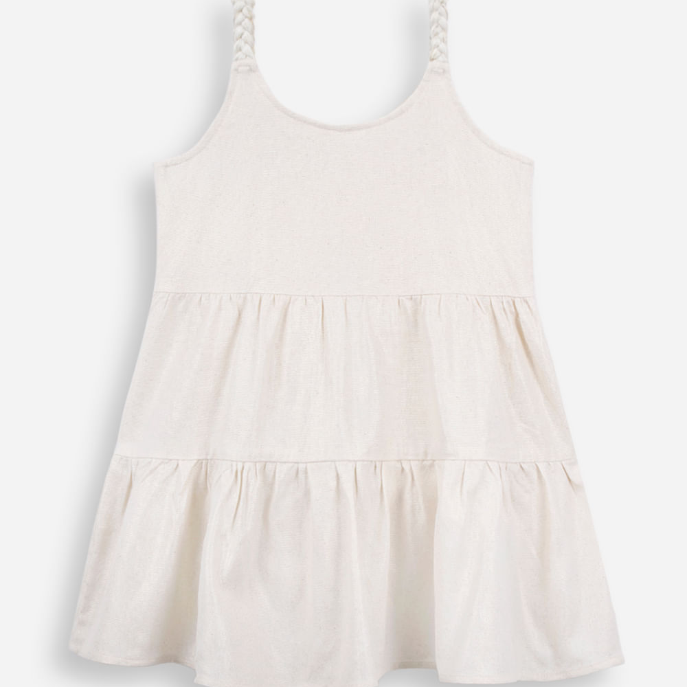 Vestido infantil de linho com alça trançada de lurex bege Vestido infantil de linho com alça trançada de lurex bege