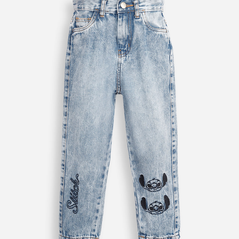 Calça mom jeans infantil com bordadado stitch azul