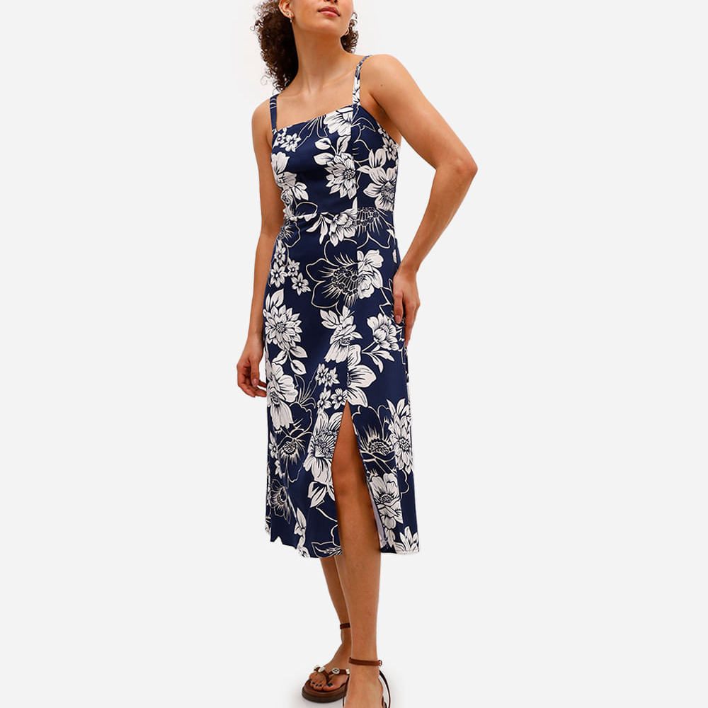 Vestido midi feminino de viscose com fenda floral azul Vestido midi feminino de viscose com fenda floral azul