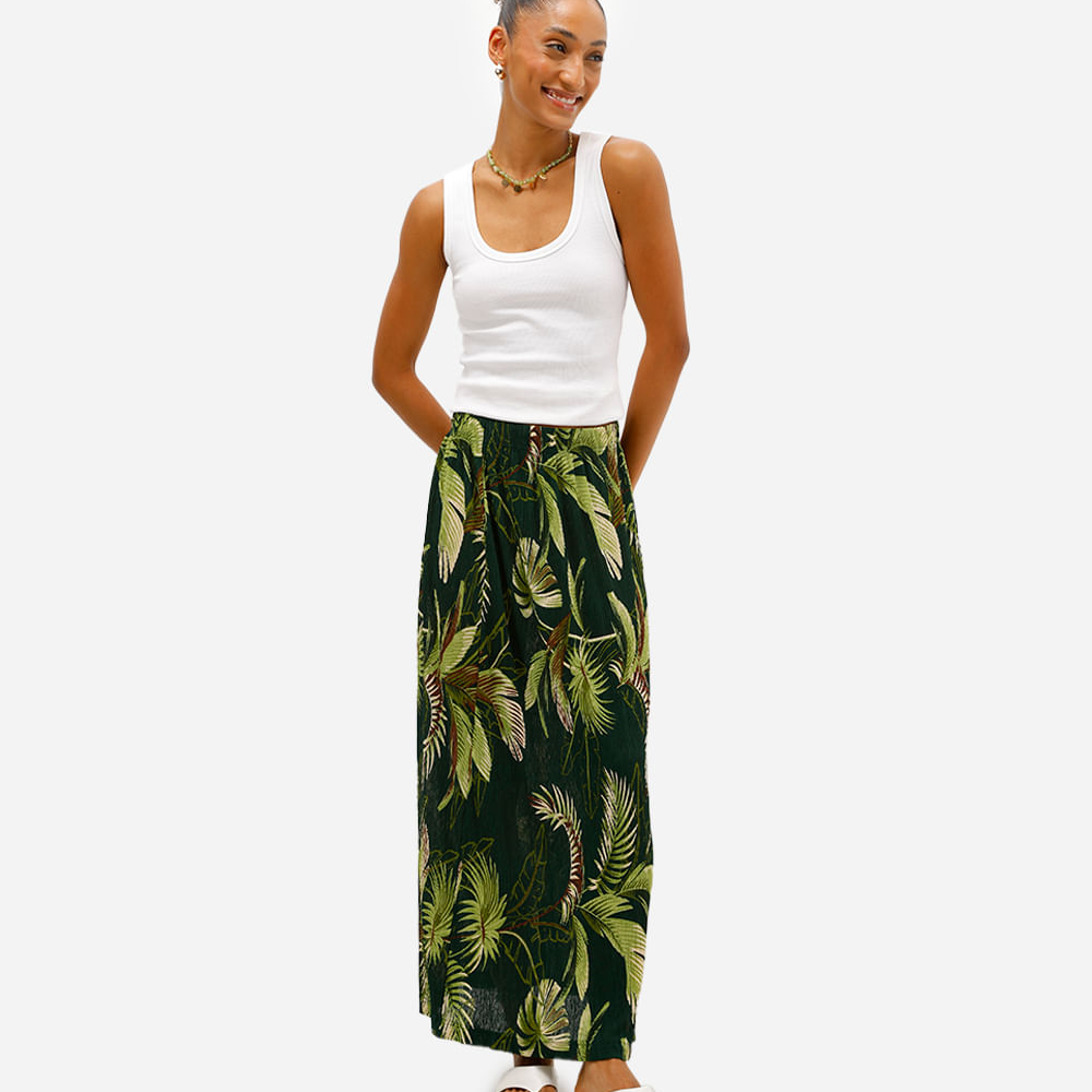 Saia longa feminina folhagens plissada verde Saia longa feminina folhagens plissada verde