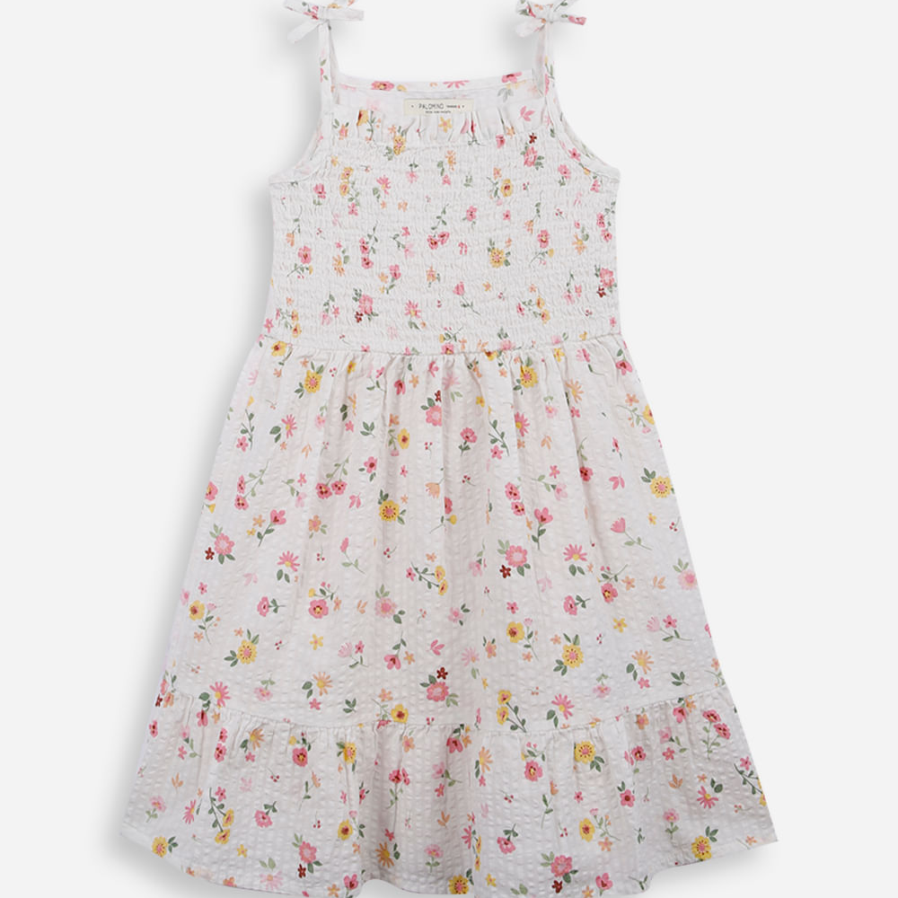 Vestido infantil de algodão franzido floral off white Vestido infantil de algodão franzido floral off white