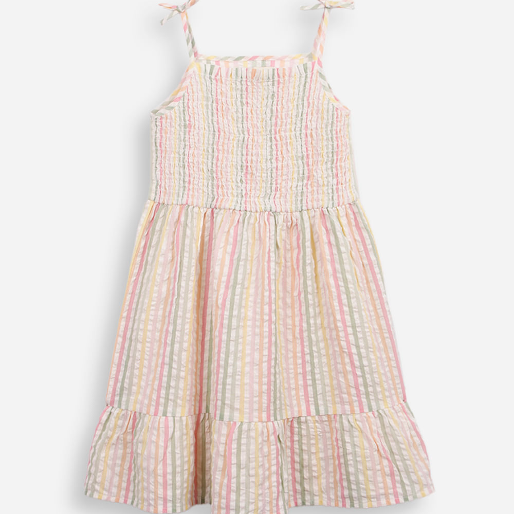 Vestido infantil de algodão com lastex texturizado listrado colorido