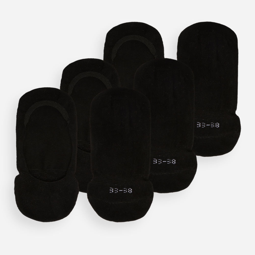 Kit de 3 pares de meias femininas invisíveis preto