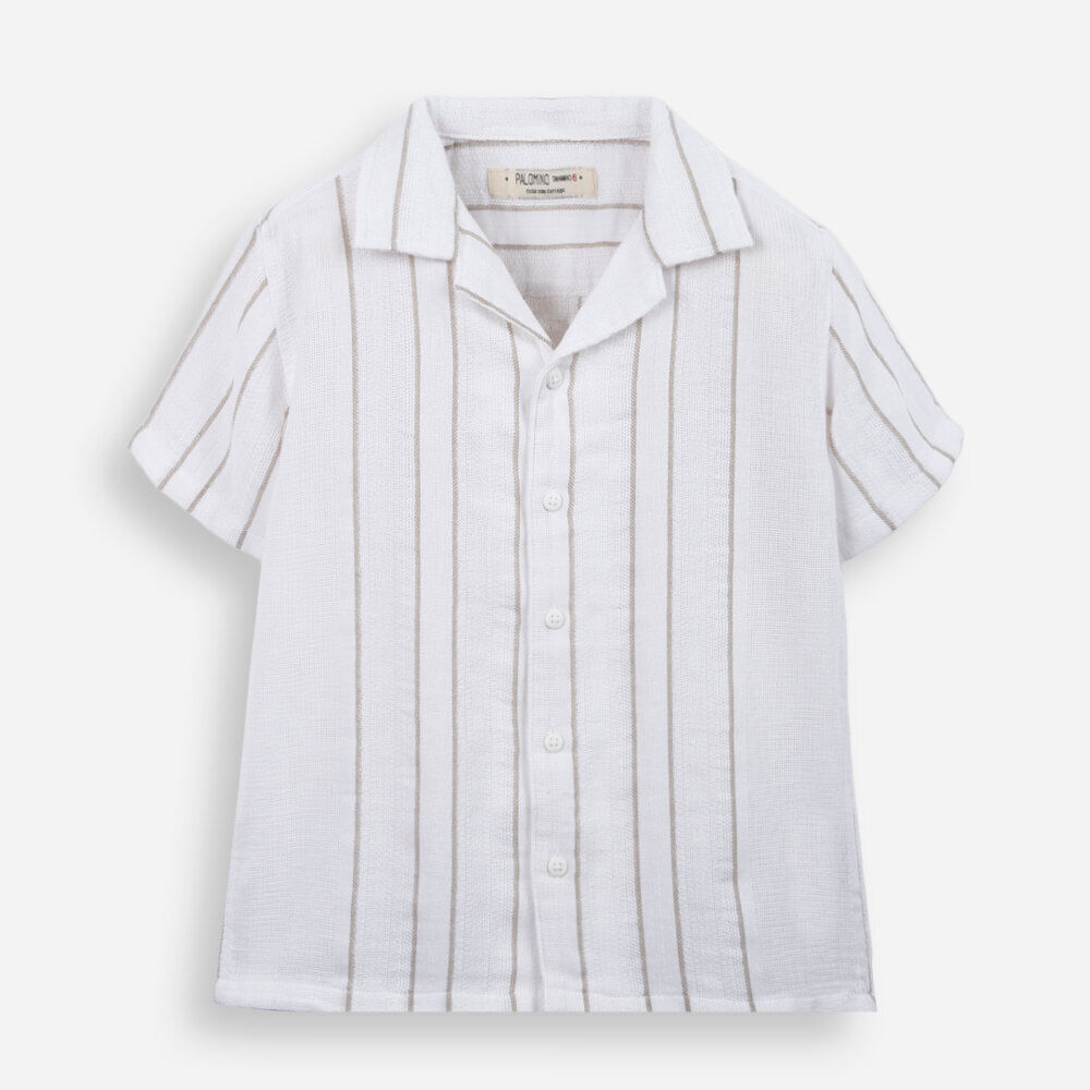 Camisa infantil de algodão manga curta listrada off white Camisa infantil de algodão manga curta listrada off white