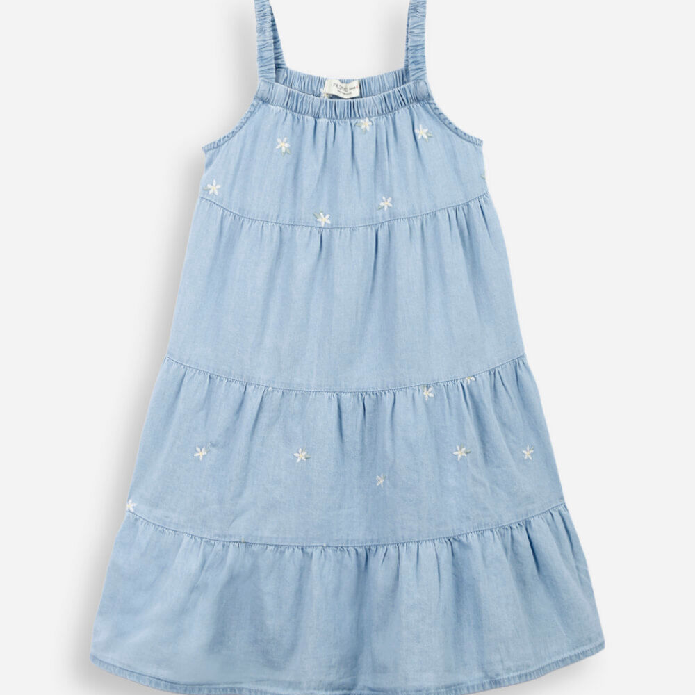 Vestido marias infantil jeans com bordado floral azul Vestido marias infantil jeans com bordado floral azul