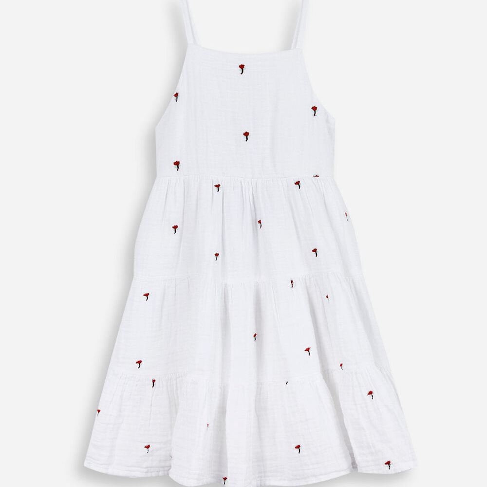 Vestido infantil evasê com bordados e marias off white Vestido infantil evasê com bordados e marias off white