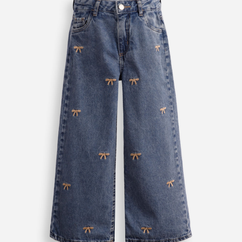 Calça wide leg infantil jeans lacinhos azul Calça wide leg infantil jeans lacinhos azul