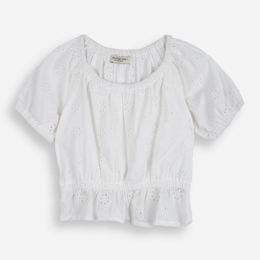 Blusa infantil de laise manga curta off white Blusa infantil de laise manga curta off white