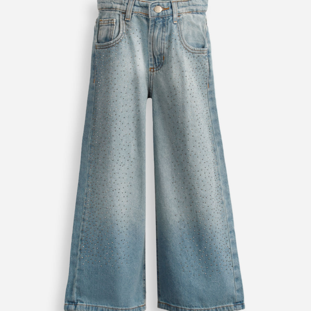 Calça wide leg infantil jeans com brilhos azul Calça wide leg infantil jeans com brilhos azul