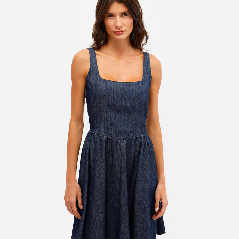 Vestido curto godê feminino jeans azul Vestido curto godê feminino jeans azul
