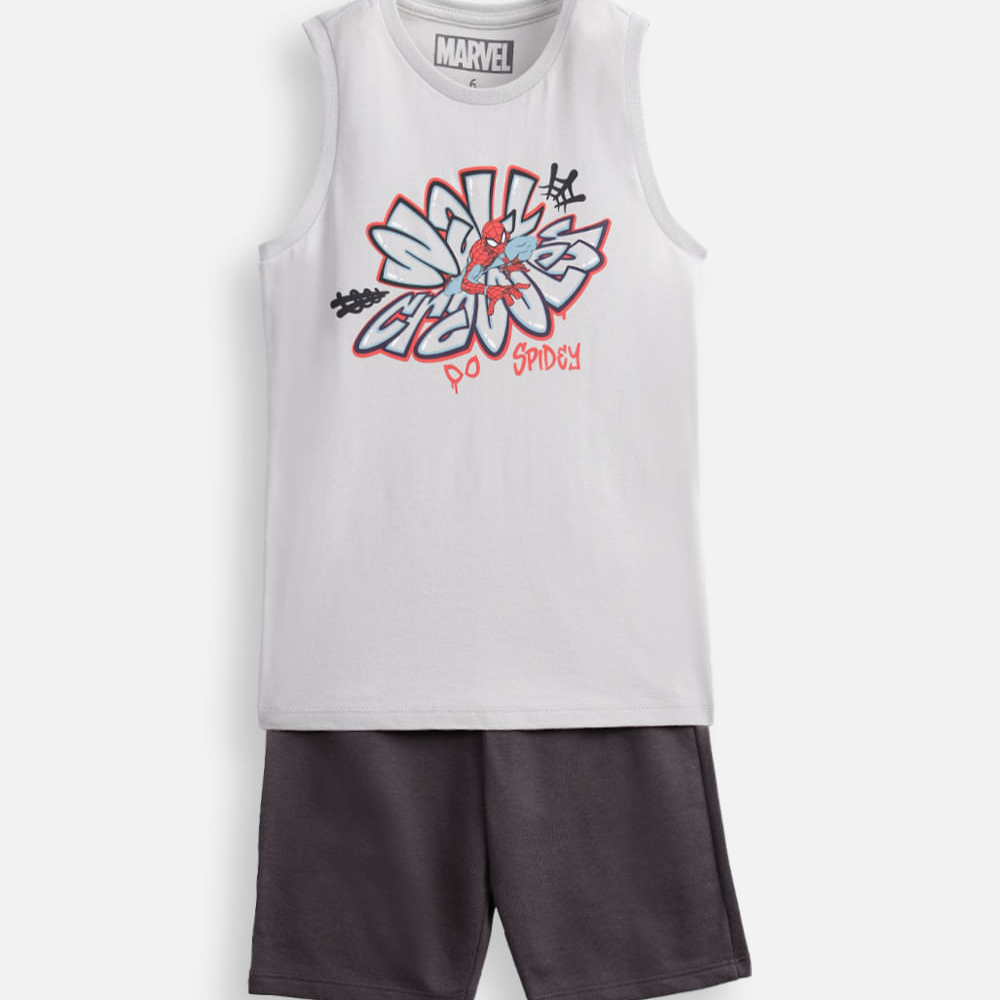 Conjunto curto infantil de algodão homem aranha cinza Conjunto curto infantil de algodão homem aranha cinza