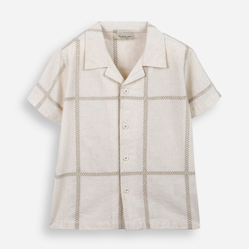 Camisa infantil com linho bordada bege Camisa infantil com linho bordada bege