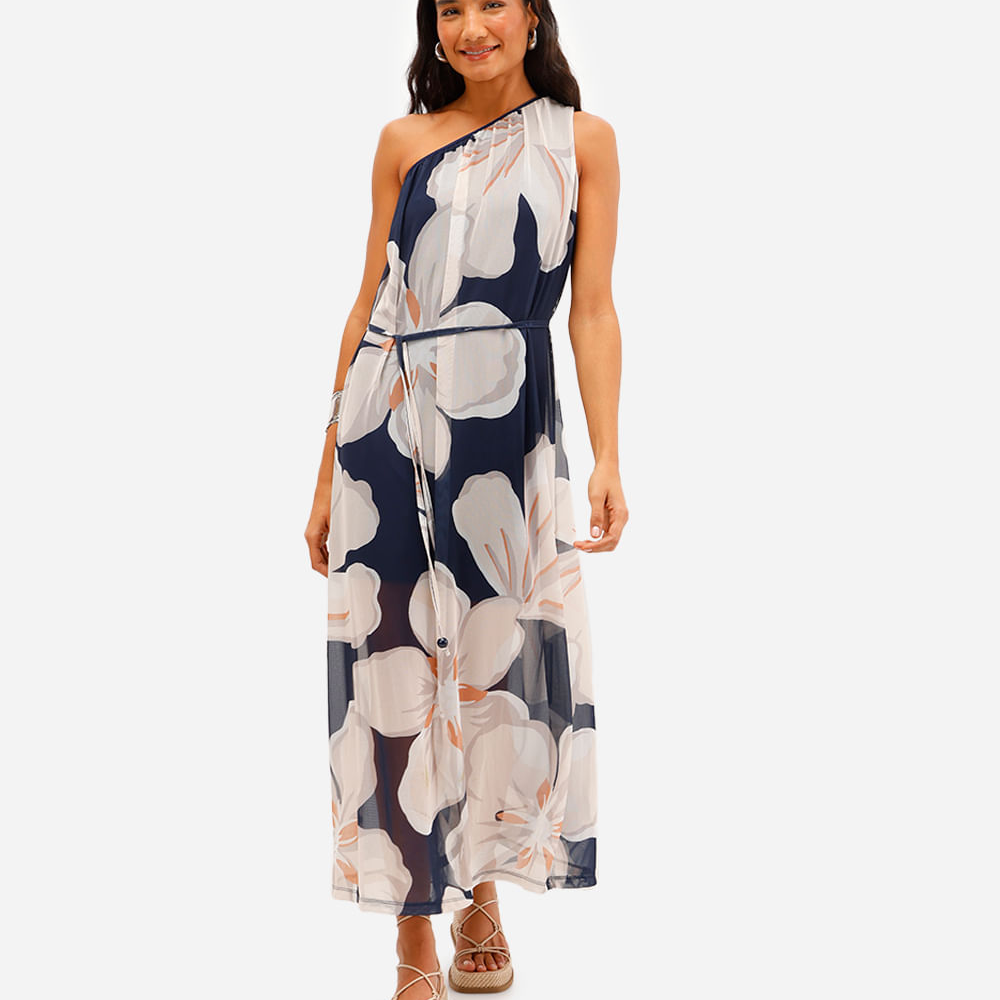 Vestido midi ombro único de tule floral azul Vestido midi ombro único de tule floral azul