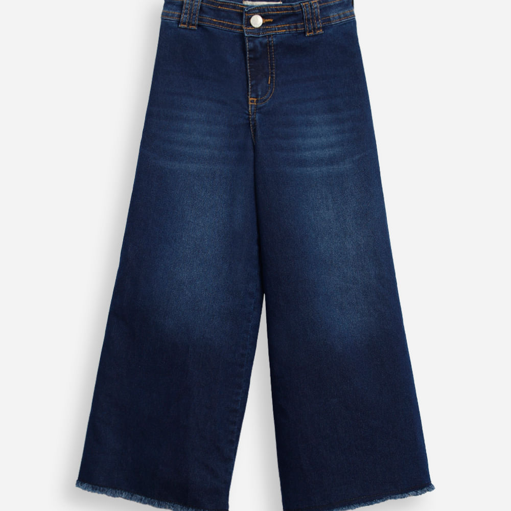 Calça wide leg infantil jeans barra desfiada azul Calça wide leg infantil jeans barra desfiada azul