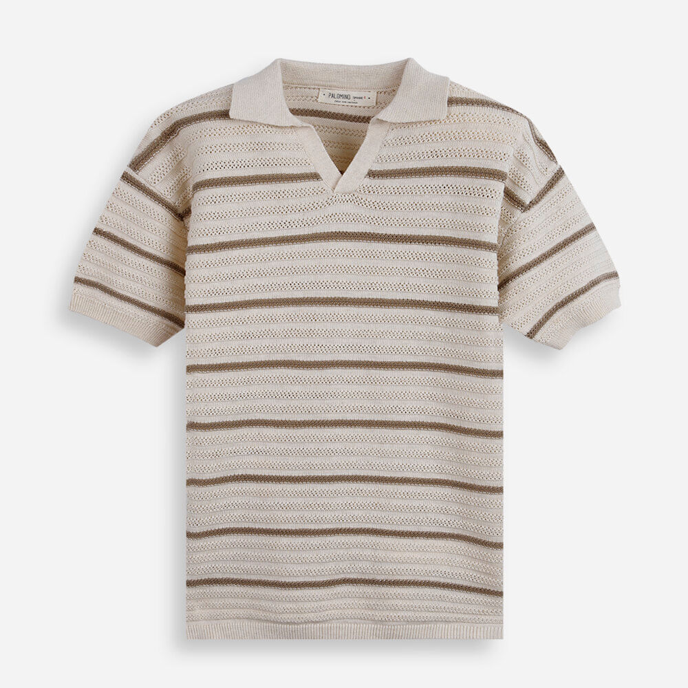 Polo de tricot infantil texturizada listrada bege Polo de tricot infantil texturizada listrada bege