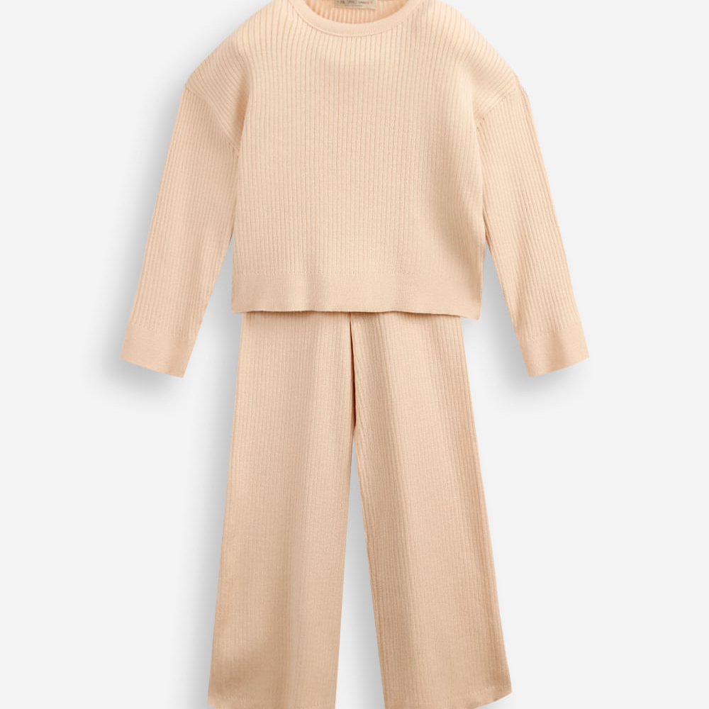 Conjunto longo infantil de tricot canelado bege Conjunto longo infantil de tricot canelado bege