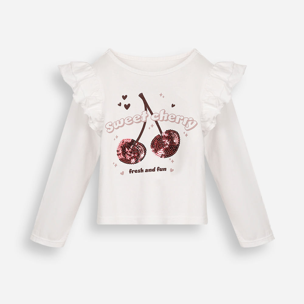 Blusa infantil manga longa com babado e bordado cereja off white Blusa infantil manga longa com babado e bordado cereja off white