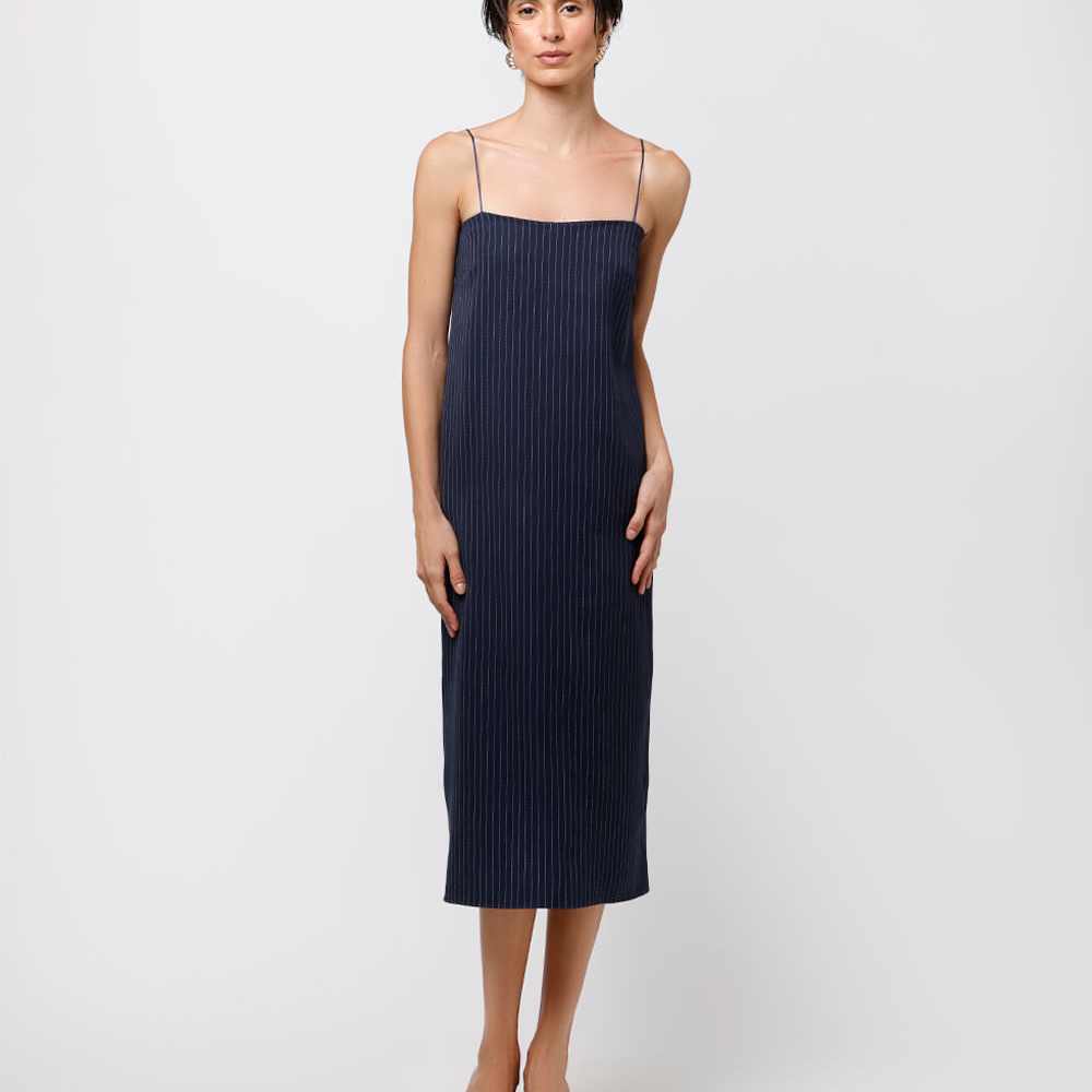 Vestido midi feminino alça fina listrado mindset azul Vestido midi feminino alça fina listrado mindset azul