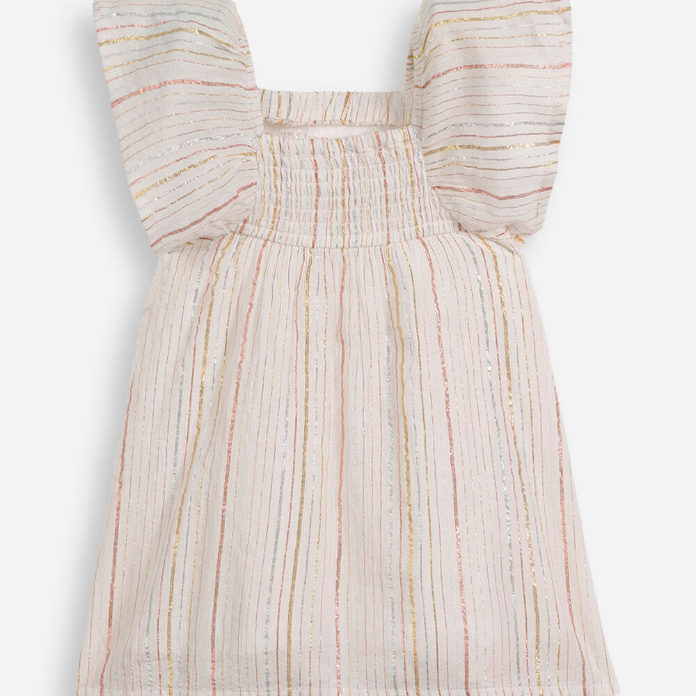 Vestido infantil com algodão e lurex listrado off white Vestido infantil com algodão e lurex listrado off white