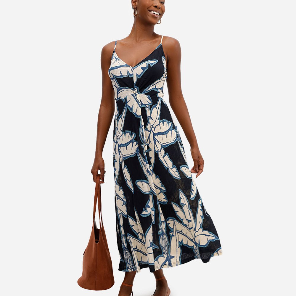 Vestido feminino plissado estampa folhagem bananeira azul Vestido feminino plissado estampa folhagem bananeira azul