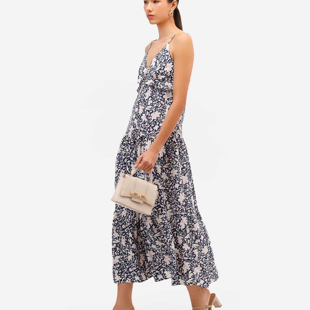 Vestido midi feminino de viscose alça fina com babado floral azul Vestido midi feminino de viscose alça fina com babado floral azul