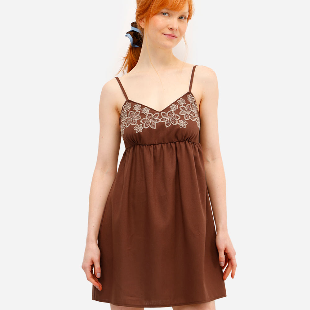 Vestido curto feminino alça fina com linho floral marrom Vestido curto feminino alça fina com linho floral marrom