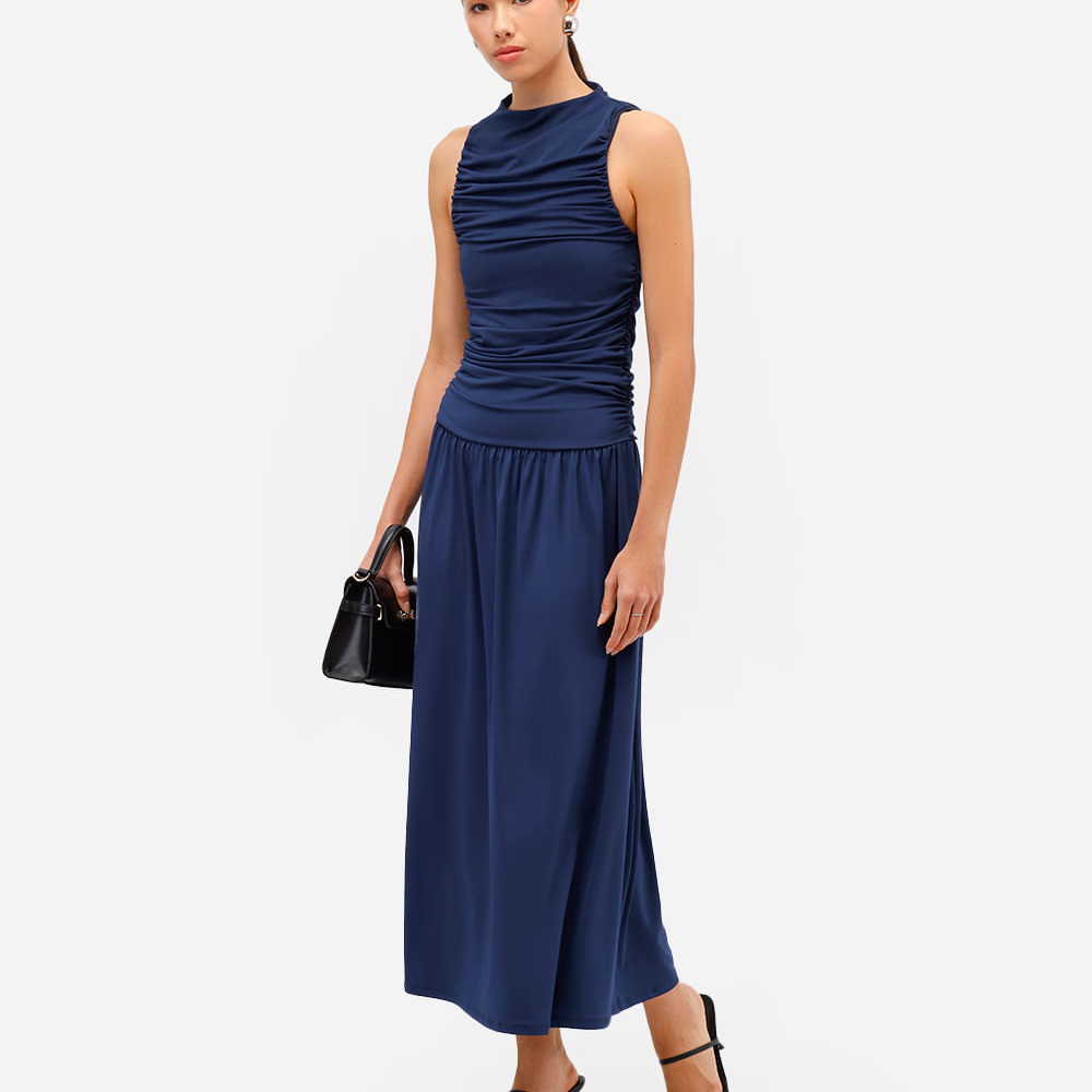 Vestido midi feminino franzido azul Vestido midi feminino franzido azul