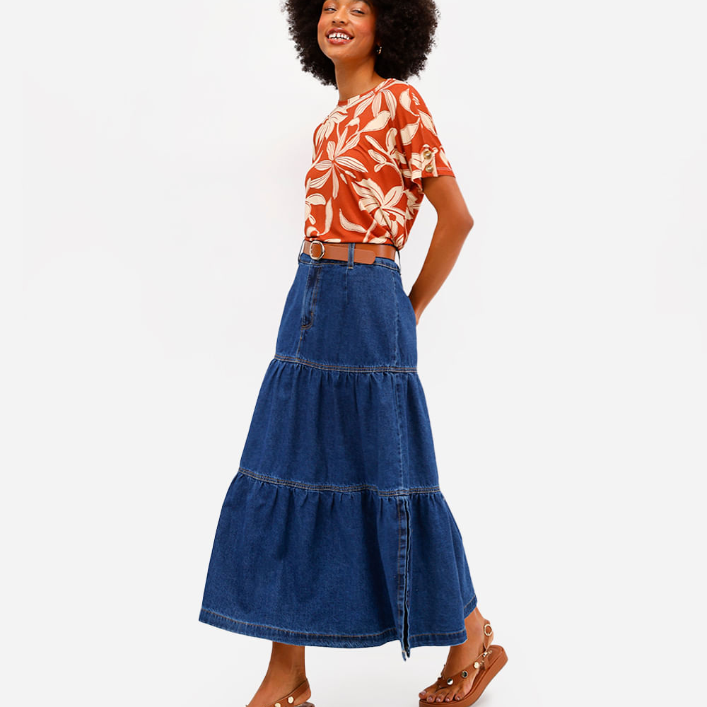 Saia midi feminina jeans com recortes azul Saia midi feminina jeans com recortes azul