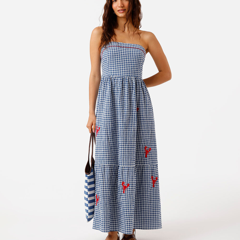 Vestido sem alça feminino de algodão com recorte e bordado xadrez azul Vestido sem alça feminino de algodão com recorte e bordado xadrez azul