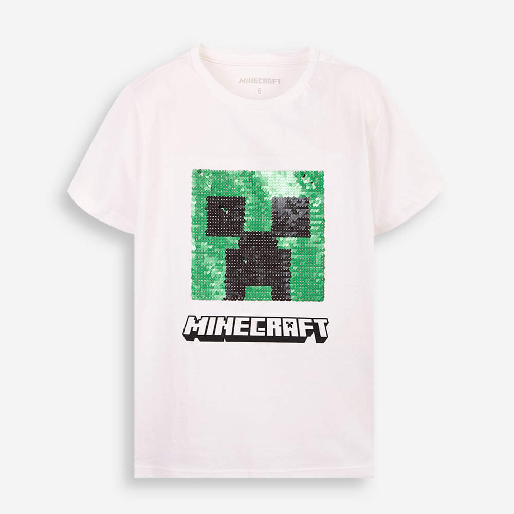 Camiseta infantil de algodão minecraft com paetê off white