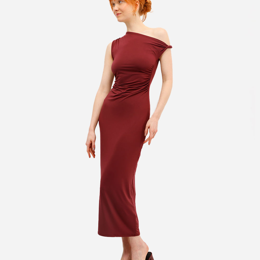 Vestido midi feminino franzido vinho Vestido midi feminino franzido vinho