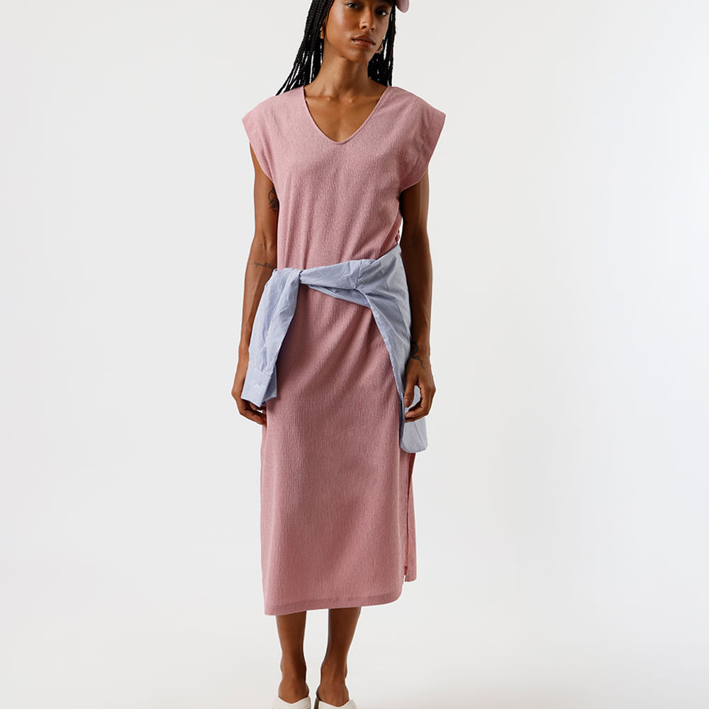 Vestido midi muscle feminino com fendas texturizado básico rosa Vestido midi muscle feminino com fendas texturizado básico rosa
