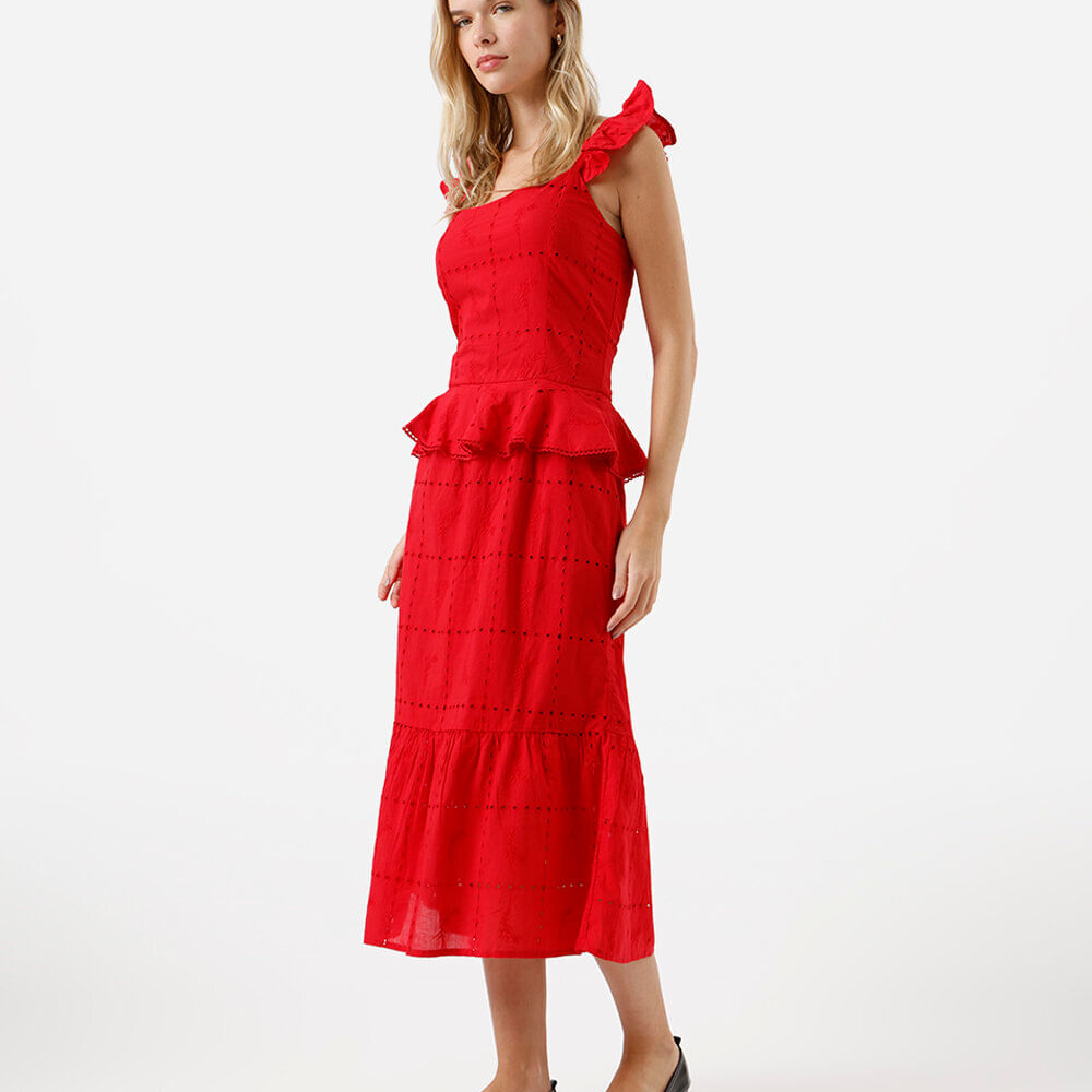 Vestido midi peplum feminino de laise com recorte vermelho Vestido midi peplum feminino de laise com recorte vermelho