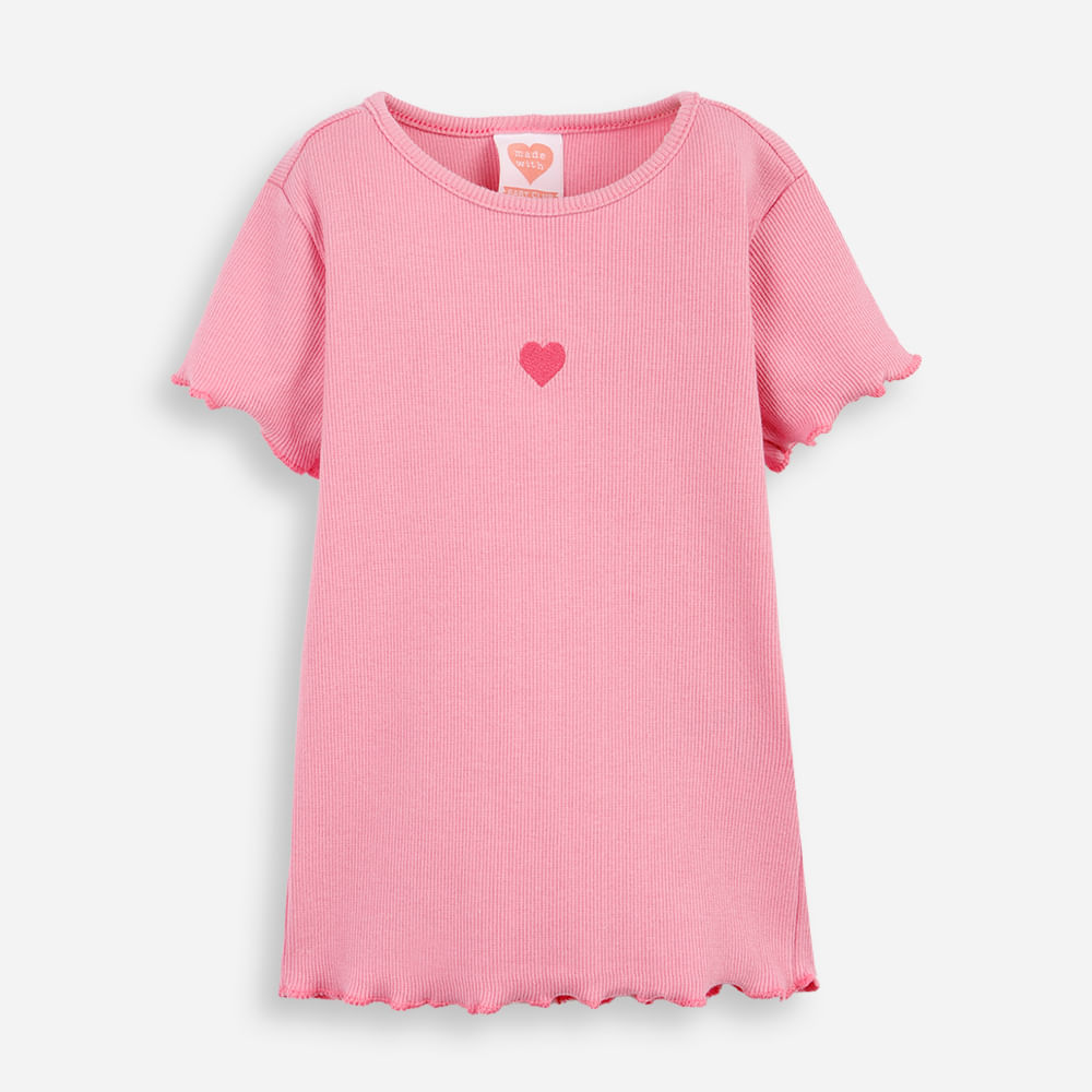 Camiseta infantil ribana bordado rosa
