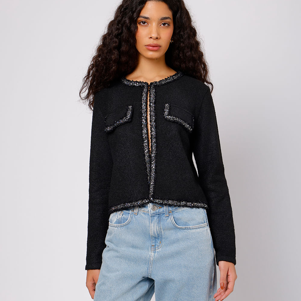 Cardigan feminino de tricot com paetê mindset preto Cardigan feminino de tricot com paetê mindset preto