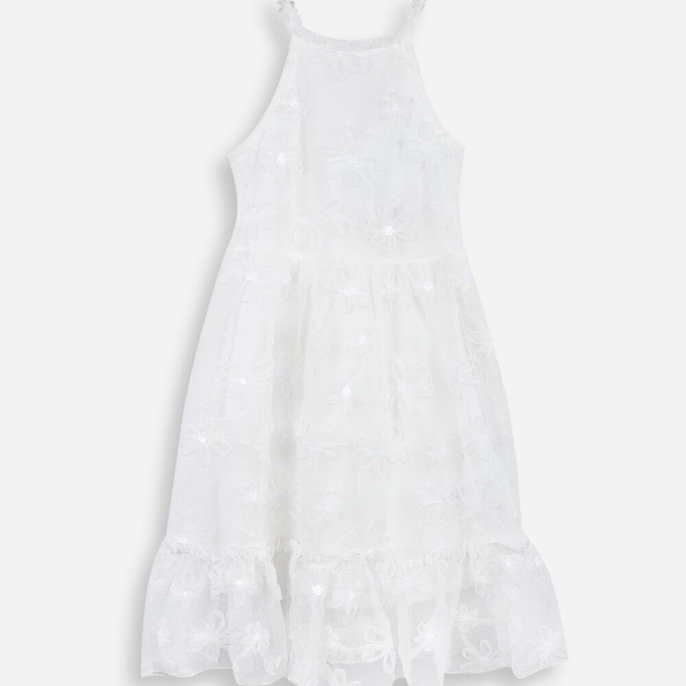 Vestido infantil de tule com estampa floral off white