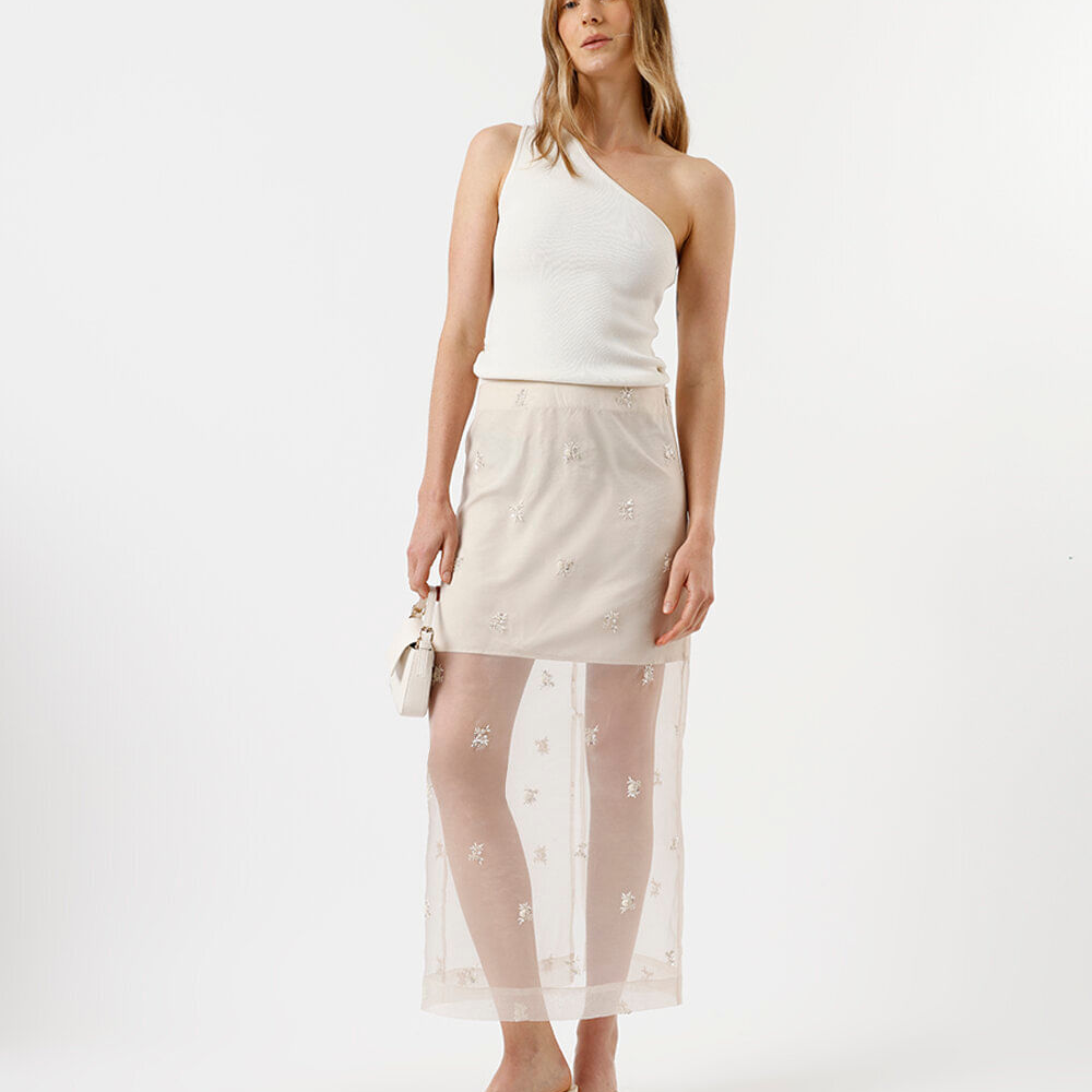 Saia midi feminina de organza bordada com fenda off white